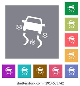 Snowy road dashboard indicator flat icons on simple color square backgrounds