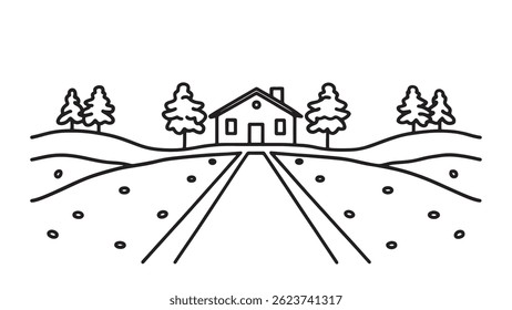 Snowy road leads to a distant house, surrounded by a serene winter landscape line art flat vector illustration.