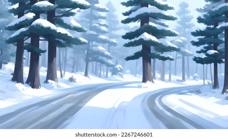 Snowy Road Surrounded by Pine Trees Detailed Hand Drawn Painting Illustration