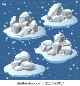 snowy rocks or mountains isolated. pile of rubble and debris of the mountain covered with snow. heap of boulders in winter. nature landscape element. vector cartoon crags and snowdrifts. Ice age.