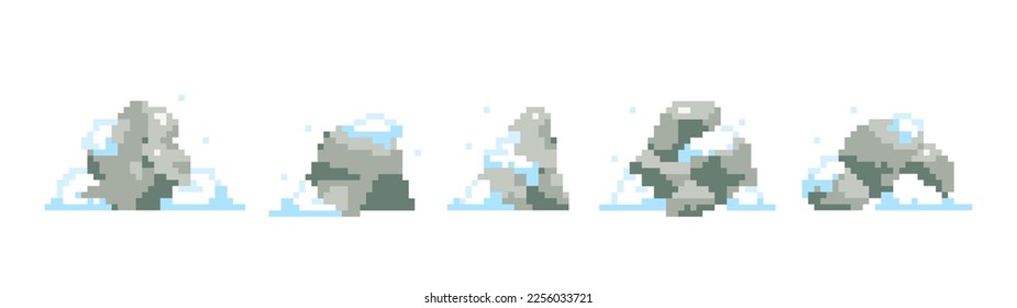 Snowy rocks set in pixel art style. 8 bit retro patterns on rocks with snow. Isolated elements for sticker, web banner, seasonal game decoration.