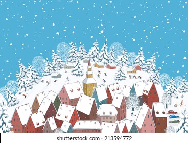 Snowy roof of houses of a small town and many children sporting and having fun outdoors.