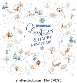 Snowy rural landscape in winter. Vector background for Christmas greeting card with lettering design template.