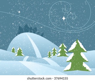 A snowy scene with evergreens, snow filled hills, and a distant town on a hill.