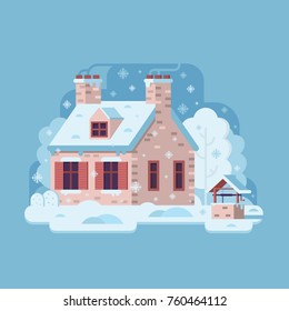 Snowy scene with farm winter home with smoking chimney on rural background. Cozy cottage or traditional farmhouse on countryside area by wintertime. Cartoon snow capped house landscape banner.