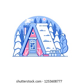 Snowy scene with gingerbread winter house with smoking chimney on woods. Cozy forest chalet or log cabin on wilderness by wintertime. Cartoon snow capped ski lodge home rural landscape in line art.
