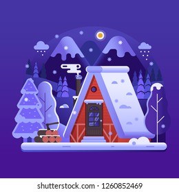 Snowy scene with gingerbread winter house with smoking chimney on woods. Cozy forest chalet or log cabin on wilderness by wintertime. Cartoon snow capped ski lodge home rural landscape by night.