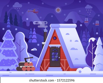 Snowy scene with gingerbread winter house with smoking chimney on woods. Cozy forest chalet or log cabin on wilderness by wintertime. Cartoon snow capped ski lodge home rural landscape by night.