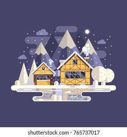 Snowy scene with rural winter home with smoking chimney on mountain background. Forest cottage or timbered cabin on frozen lake by wintertime. Cartoon snow capped house landscape banner.