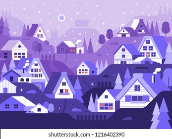 Snowy scene with winter village. Wintertime japanese landscape. Alp countryside with cozy snow houses and cabins by falling snow. Traditional snow village Shirakawago and Gokayama in Japan.