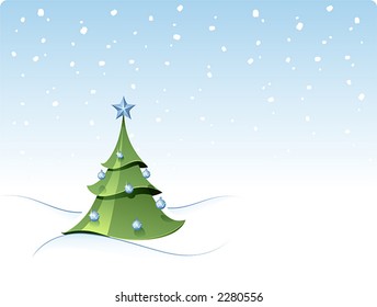 Snowy Scenery with Decorated Christmas Fir Tree