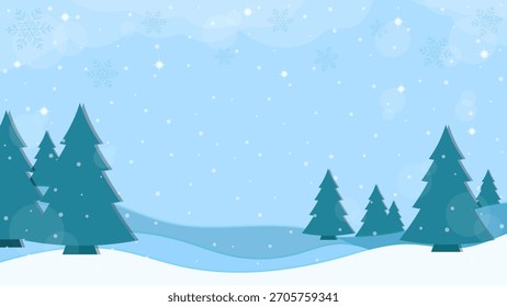 Snowy Scenery Of Pine Forest And Falling Snowflakes With Clear Blue Sky Background In Winter