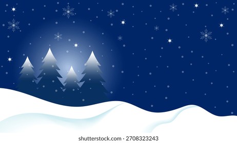 Schneebedeckte Landschaft mit Pinien und fallenden Schneeflocken auf blauem Winternachtshintergrund