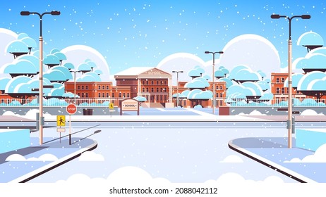 snowy school building empty front yard with snow winter cityscape background