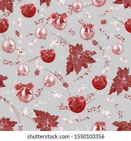 Snowy seamless pattern with Christmas decorations. Red and pale pink balls, poinsettia, berries, flowers, snowflakes on a gray background. For festive design, New Year print. Vector stock illustration