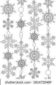 Snowy seamless pattern or coloring page with snowflakes as a printable texture in a coloring book for Christmas. Outline or linear vector stock illustration with colorless snow or snowflake for adults