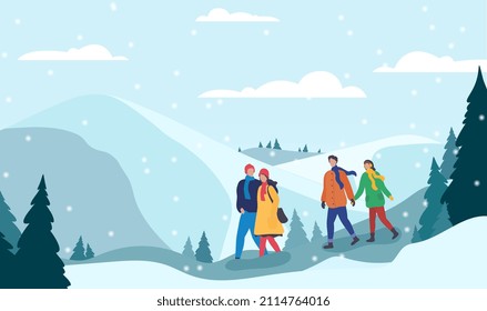 Snowy season concept. Couples go from mountains, romantic date in forest. Tourists and travel on fresh air. Adventure and emotions, active recreation and lifestyle. Cartoon flat vector illustration