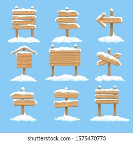 Snowy signboards. Winter wooden signs, wood christmas direction arrows, vector xmas snow covered banners