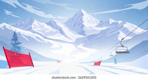 Snowy ski slope with red flags, ski lift, and pine trees in minimalist flat style on a bright winter mountain background. Concept of winter sports. Vector illustration