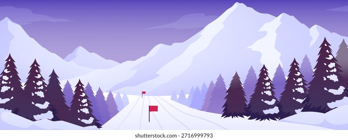 Pista de esquí nevada con banderas rojas y pinos en el fondo de las montañas. Concepto de deportes de invierno. Ilustración plana de Vector. Estación de invierno. Paisaje nevado con bosque y pista de esquí. Paisaje alpino