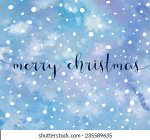Snowy Sky Watercolor Vector Snow Background with Merry Christmas Calligraphy 