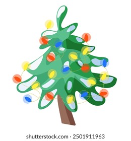 Snowy small Christmas tree decorated with colorful shining lights. Winter vector illustration for children's activity book.