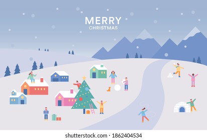 Snowy small village scenery. The children are playing a snowball fight. flat design style minimal vector illustration.