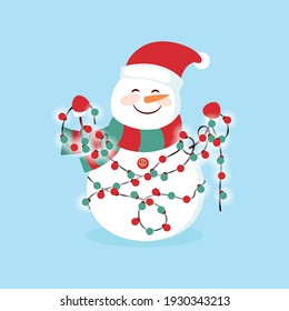 Snowy snowman. Festive and Christmas greeting card. Flat design.