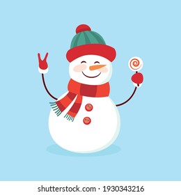 Snowy snowman. Festive and Christmas greeting card. Flat design.