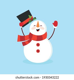 Snowy snowman. Festive and Christmas greeting card. Flat design.