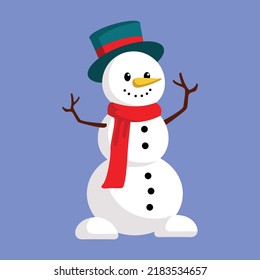 Snowy snowman. Festive and Christmas greeting card. Flat design.
