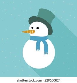 Snowy snowman. Festive and Christmas greeting card. Flat design.