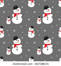 Snowy snowman. Festive and Christmas vector seamless pattern on gray background. Flat design.