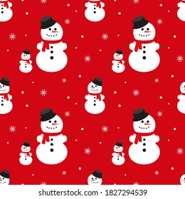 Snowy snowman. Festive and Christmas vector seamless pattern on red background. Flat design.