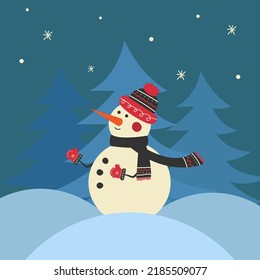 A snowy snowman. Festive and Christmas vector card on isolated background