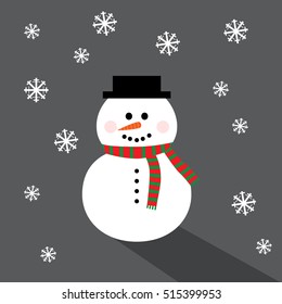 Snowy snowman on gray background. Festive and Christmas greeting card. Flat design.