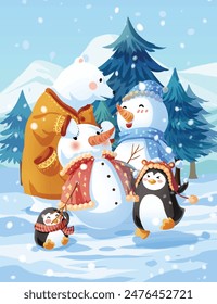 Snowy snowman polar bear and penguins surrounded