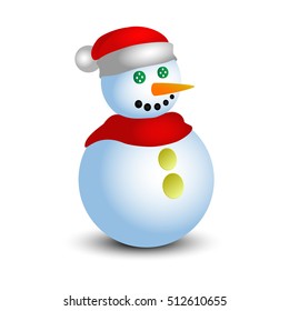 Snowy snowman in Santa hat. Festive and Christmas greeting card