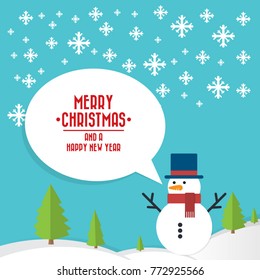 Snowy snowman with speech bubble and text merry christmas and happy new year. Festive and Christmas greeting card. Flat design. Vector illustration.