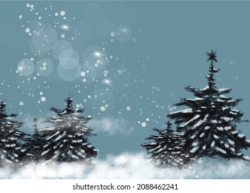 Snowy spruce forest. Vector illustration.