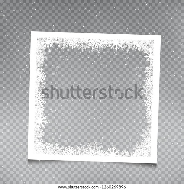 Snowy square frame\
template set on gray transparent background. Christmas snowflakes\
holiday ice ornament\
banner