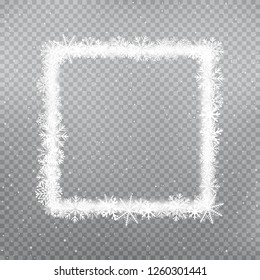 Snowy square winter frame template on gray transparent background. Christmas snowflakes holiday ice ornament banner