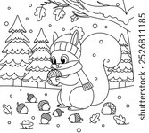 Snowy Squirrel Gathering Nuts Outline Coloring Page. Christmas and Winter Illustration 