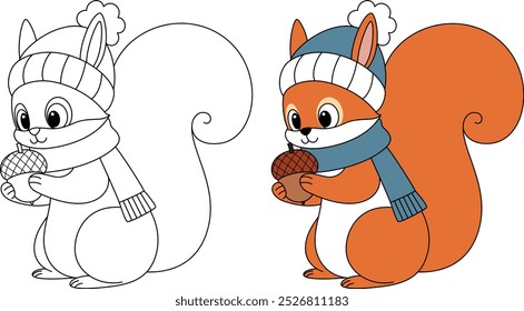 Snowy Squirrel Gathering Nuts Outline Coloring Page. Christmas and Winter Illustration 
