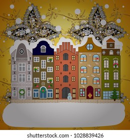 Snowy street. Christmas card Happy Holidays banner. Flat design. Vector illustration. Urban winter landscape.