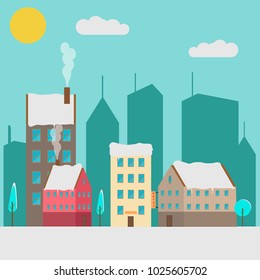 Snowy street in the city. Urban winter landscape. Christmas card Happy Holidays banner. Vector illustration.