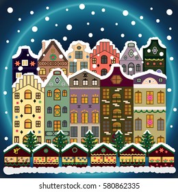 Snowy street. Flat design. Christmas card Happy Holidays banner. Vector illustration. Urban winter landscape.