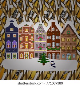 Snowy street. Flat design. Urban winter landscape. Vector illustration. Christmas card Happy Holidays banner.