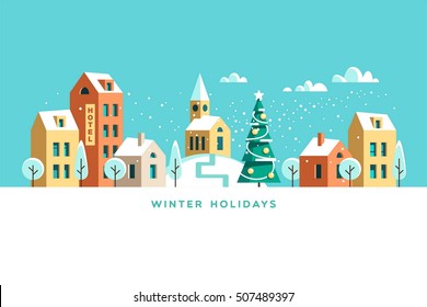 Snowy Street. Urban Winter Landscape. Christmas Card Happy Holidays Banner. Vector Illustration Flat Design.