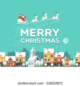 Snowy Street. Urban Winter Landscape. Santa Claus With Deers In Sky Above The Town. Christmas City. Vector Illustration.